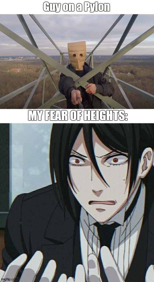 Meet a climber | Guy on a Pylon; MY FEAR OF HEIGHTS: | image tagged in paperbag head,climbing,black butler,template,anime,germany | made w/ Imgflip meme maker