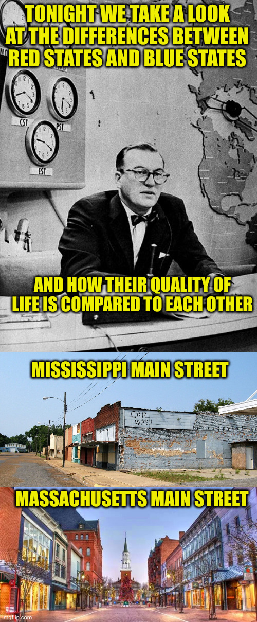 When you only vote because you are angry at stupid shit, you get Mississippi. The rich and powerful like you distracted. | TONIGHT WE TAKE A LOOK AT THE DIFFERENCES BETWEEN RED STATES AND BLUE STATES; AND HOW THEIR QUALITY OF LIFE IS COMPARED TO EACH OTHER; MISSISSIPPI MAIN STREET; MASSACHUSETTS MAIN STREET | image tagged in news anchor | made w/ Imgflip meme maker