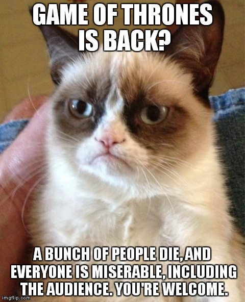 Grumpy Cat | GAME OF THRONES IS BACK? A BUNCH OF PEOPLE DIE, AND EVERYONE IS MISERABLE, INCLUDING THE AUDIENCE. YOU'RE WELCOME. | image tagged in memes,grumpy cat | made w/ Imgflip meme maker