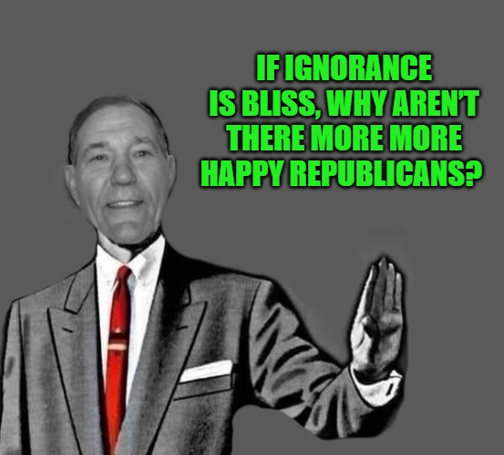 kewlew blank | IF IGNORANCE IS BLISS, WHY AREN’T THERE MORE MORE HAPPY REPUBLICANS? | image tagged in kewlew blank | made w/ Imgflip meme maker