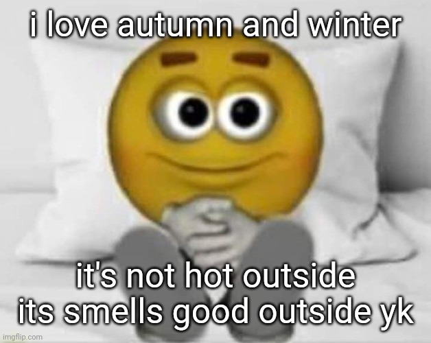 emoji in bed | i love autumn and winter; it's not hot outside
its smells good outside yk | image tagged in emoji in bed | made w/ Imgflip meme maker