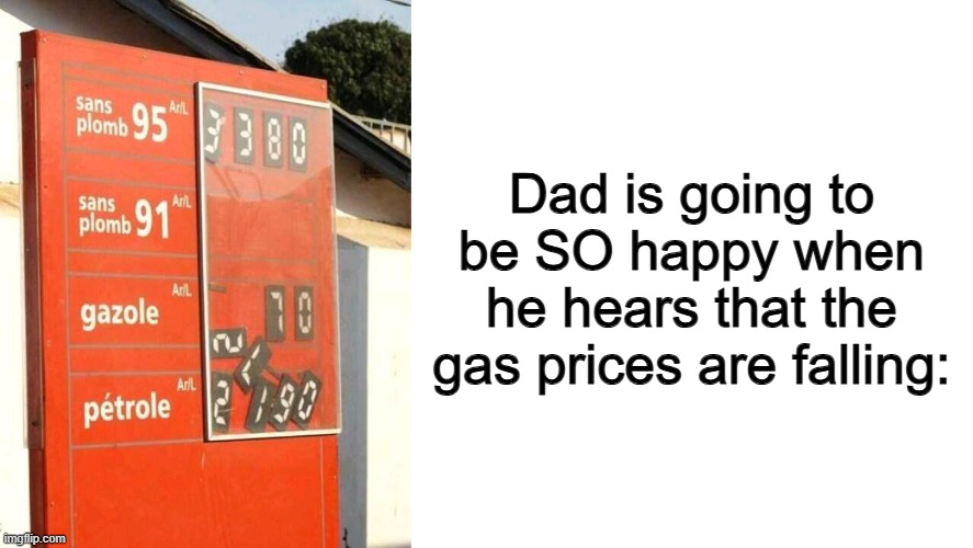 Such excellent news | Dad is going to be SO happy when he hears that the gas prices are falling: | image tagged in blank white template | made w/ Imgflip meme maker