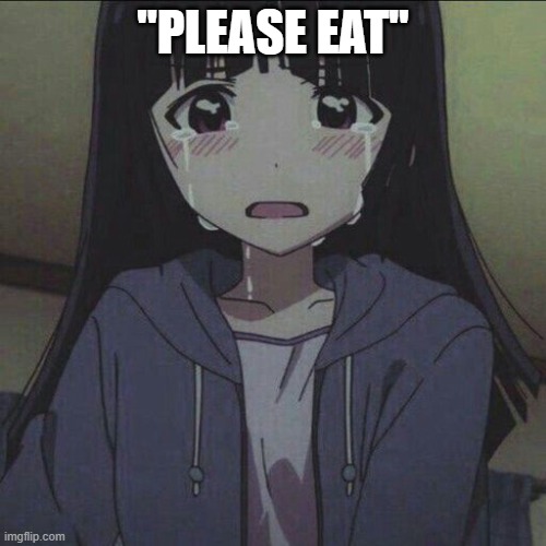 anime girl crying | "PLEASE EAT" | image tagged in anime girl crying | made w/ Imgflip meme maker