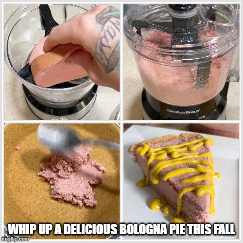 Whip up a delicious bologna pie this fall,,, | WHIP UP A DELICIOUS BOLOGNA PIE THIS FALL | image tagged in bologna,pie | made w/ Imgflip meme maker