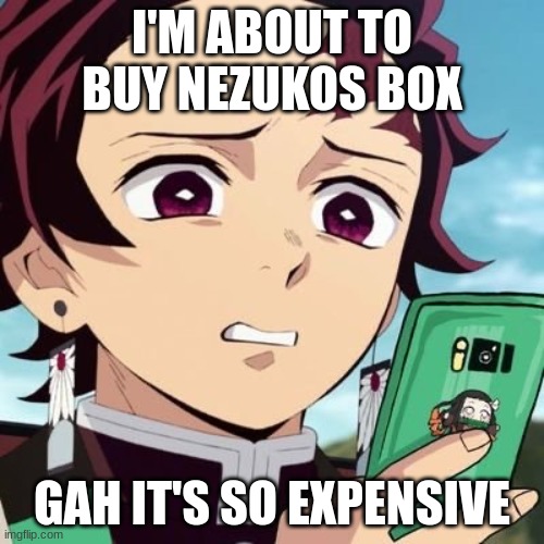 disgusted tanjiro | I'M ABOUT TO BUY NEZUKOS BOX; GAH IT'S SO EXPENSIVE | image tagged in disgusted tanjiro | made w/ Imgflip meme maker