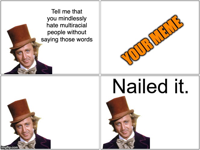 Nailed It Wonka | Tell me that you mindlessly hate multiracial people without saying those words YOUR MEME | image tagged in nailed it wonka | made w/ Imgflip meme maker