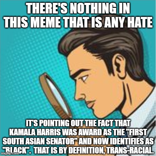 Looking through magnifying glass cartoon | THERE'S NOTHING IN THIS MEME THAT IS ANY HATE IT'S POINTING OUT THE FACT THAT KAMALA HARRIS WAS AWARD AS THE "FIRST SOUTH ASIAN SENATOR" AND | image tagged in looking through magnifying glass cartoon | made w/ Imgflip meme maker