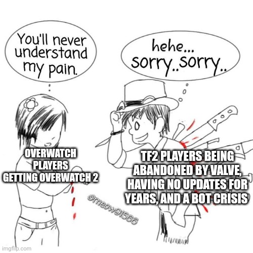 (Insert funny and creative title here) | TF2 PLAYERS BEING ABANDONED BY VALVE, HAVING NO UPDATES FOR YEARS, AND A BOT CRISIS; OVERWATCH PLAYERS GETTING OVERWATCH 2 | image tagged in you'll never understand my pain | made w/ Imgflip meme maker