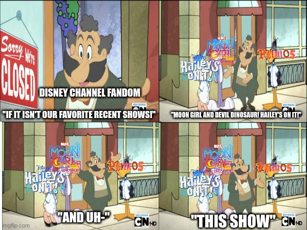 2024 Animated Disney Channel Running Shows | DISNEY CHANNEL FANDOM; "IF IT ISN'T OUR FAVORITE RECENT SHOWS!"; "MOON GIRL AND DEVIL DINOSAUR! HAILEY'S ON IT!"; "AND UH-"; "THIS SHOW" | image tagged in disney,looney tunes,memes,television | made w/ Imgflip meme maker