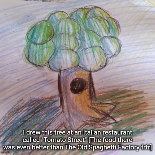 Best food I ever had there | I drew this tree at an Italian restaurant called "Tomato Street" [The food there was even better than The Old Spaghetti Factory frfr] | image tagged in idk,stuff,s o u p,carck | made w/ Imgflip meme maker