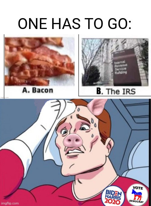 Piggy Wiggly | ONE HAS TO GO: | image tagged in bacon,irs,one has to go,democrat,two buttons,decisions | made w/ Imgflip meme maker