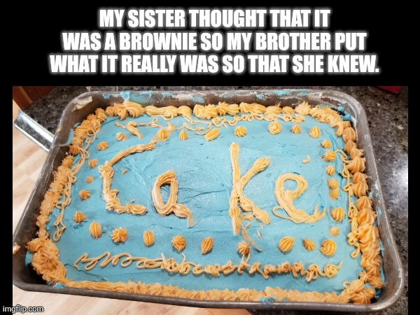 Cake | MY SISTER THOUGHT THAT IT WAS A BROWNIE SO MY BROTHER PUT WHAT IT REALLY WAS SO THAT SHE KNEW. | image tagged in cake,you had one job | made w/ Imgflip meme maker