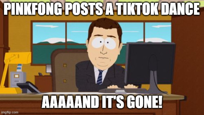 pinkfong is a kid channel but posts cringe dances ngl | PINKFONG POSTS A TIKTOK DANCE; AAAAAND IT'S GONE! | image tagged in memes,aaaaand its gone | made w/ Imgflip meme maker