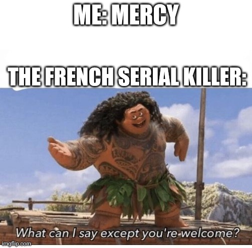 I dont think they get it | ME: MERCY; THE FRENCH SERIAL KILLER: | image tagged in what can i say except you're welcome,funny,why are you reading the tags,why are you reading this,get better,get some bitches | made w/ Imgflip meme maker