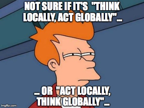 Futurama Fry | NOT SURE IF IT'S  "THINK LOCALLY, ACT GLOBALLY"... ... OR  "ACT LOCALLY, THINK GLOBALLY"... | image tagged in memes,futurama fry | made w/ Imgflip meme maker