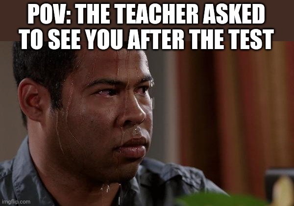 I'm scared now! | POV: THE TEACHER ASKED TO SEE YOU AFTER THE TEST | image tagged in sweating bullets | made w/ Imgflip meme maker