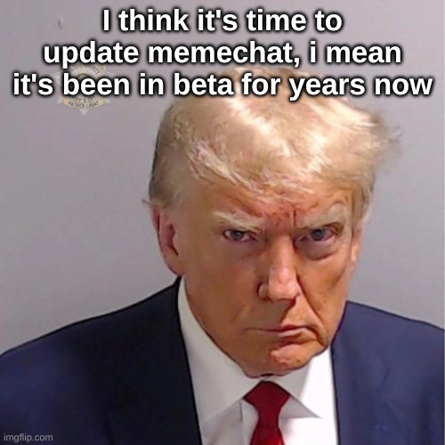 Group memechats, search bar on images, less laggy, etc... | I think it's time to update memechat, i mean it's been in beta for years now | image tagged in trump mugshot | made w/ Imgflip meme maker