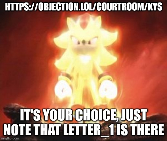 Super Shadow | HTTPS://OBJECTION.LOL/COURTROOM/KYS; IT'S YOUR CHOICE, JUST NOTE THAT LETTER_1 IS THERE | image tagged in super shadow | made w/ Imgflip meme maker