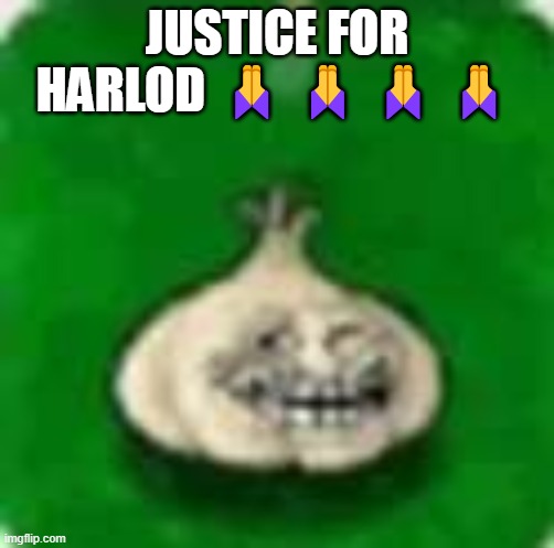 troll garlic | JUSTICE FOR HARLOD 🙏🙏🙏🙏 | image tagged in troll garlic | made w/ Imgflip meme maker