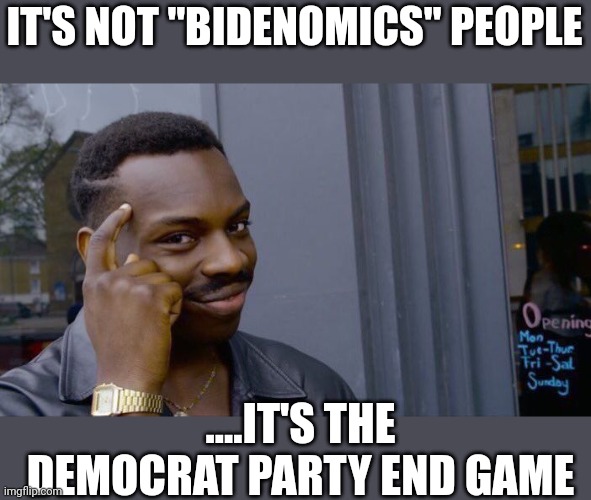 "It's the party stupid" | IT'S NOT "BIDENOMICS" PEOPLE; ....IT'S THE DEMOCRAT PARTY END GAME | image tagged in memes,roll safe think about it | made w/ Imgflip meme maker