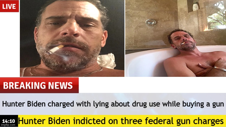 Hunter Biden indicted on three federal gun charges | Hunter Biden charged with lying about drug use while buying a gun; Hunter Biden indicted on three federal gun charges | image tagged in breaking news template | made w/ Imgflip meme maker