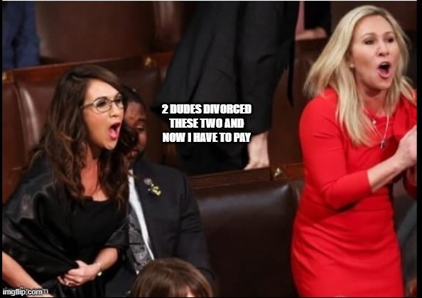 Boebert MTG | 2 DUDES DIVORCED THESE TWO AND NOW I HAVE TO PAY | image tagged in tacky republican twunts behaving badly | made w/ Imgflip meme maker