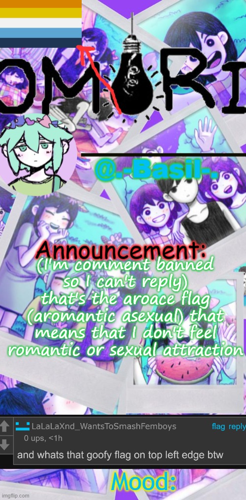 Basil announcement temp | (I'm comment banned so I can't reply) that's the aroace flag (aromantic asexual) that means that I don't feel romantic or sexual attraction | image tagged in basil announcement temp | made w/ Imgflip meme maker