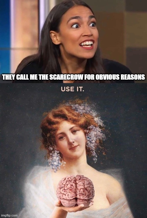 THEY CALL ME THE SCARECROW FOR OBVIOUS REASONS | image tagged in crazy aoc,brain | made w/ Imgflip meme maker