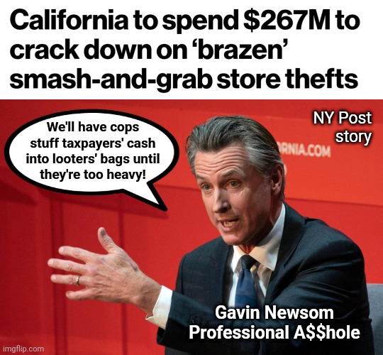The California way: throw trainloads of taxpayers' money at a problem | NY Post
story; We'll have cops
stuff taxpayers' cash
into looters' bags until
they're too heavy! Gavin Newsom
Professional A$$hole | image tagged in memes,gavin newsom,california,looters,wasteful spending,crime | made w/ Imgflip meme maker