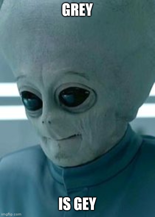 grey alien thinks | GREY; IS GEY | image tagged in grey alien thinks | made w/ Imgflip meme maker