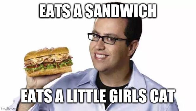 Jared subway  | EATS A SANDWICH; EATS A LITTLE GIRLS CAT | image tagged in jared subway | made w/ Imgflip meme maker