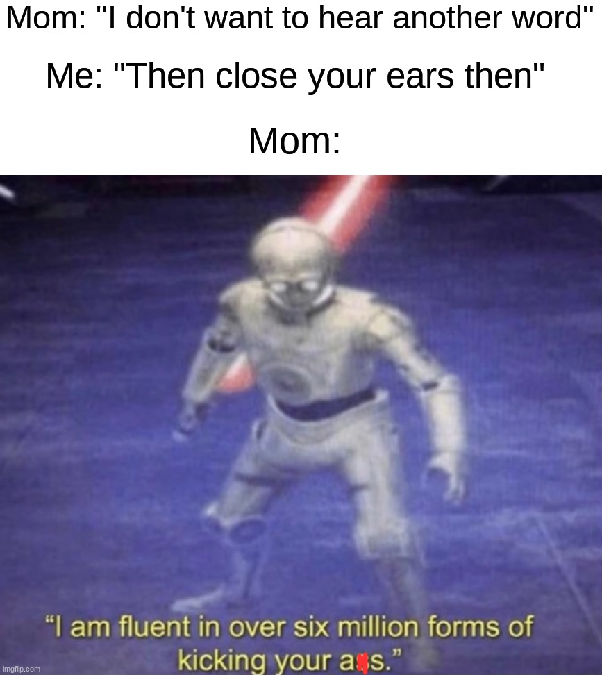 Don't f&#k with mom... (@_@) | Mom: "I don't want to hear another word"; Me: "Then close your ears then"; Mom: | image tagged in i am fluent in over six million forms of kicking your ass,memes,funny,true story,funny memes,mom | made w/ Imgflip meme maker
