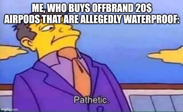 skinner pathetic | ME, WHO BUYS OFFBRAND 20$ AIRPODS THAT ARE ALLEGEDLY WATERPROOF: | image tagged in skinner pathetic | made w/ Imgflip meme maker