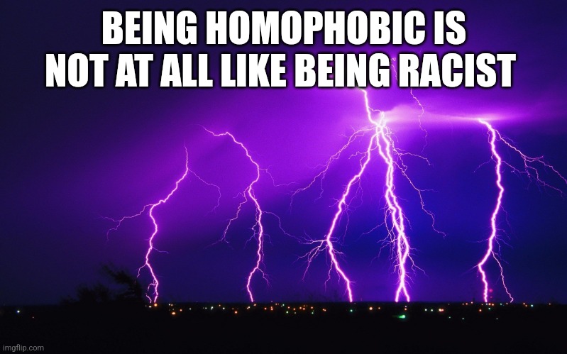 ourple lightning | BEING HOMOPHOBIC IS NOT AT ALL LIKE BEING RACIST | image tagged in ourple lightning | made w/ Imgflip meme maker