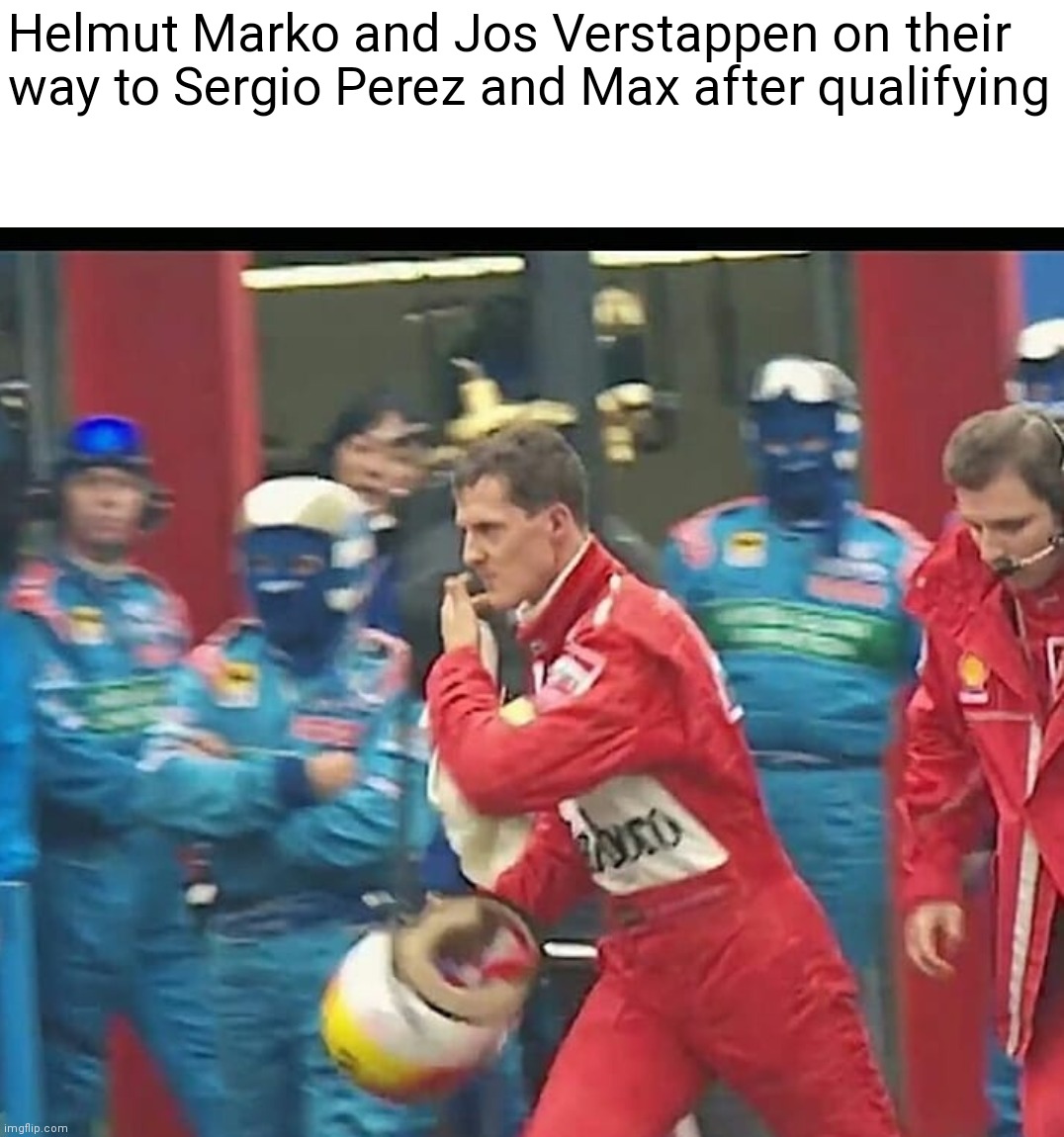 Helmut Marko and Jos Verstappen on their way to Sergio Perez and Max after qualifying | image tagged in formula 1,max,red bull | made w/ Imgflip meme maker