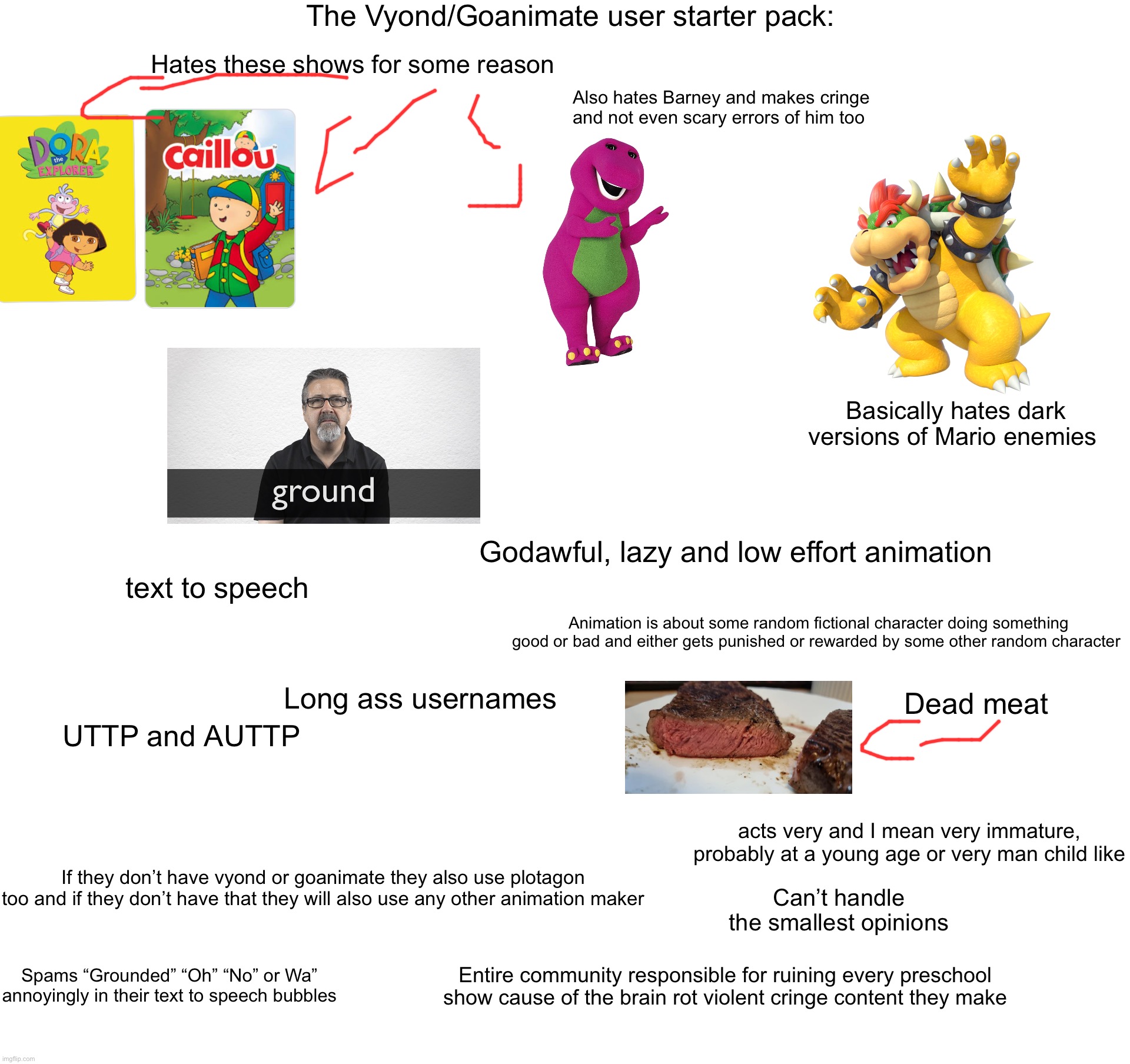 Seriously I hate the Vyond community and those cringe Ground videos | The Vyond/Goanimate user starter pack:; Hates these shows for some reason; Also hates Barney and makes cringe and not even scary errors of him too; Basically hates dark versions of Mario enemies; Godawful, lazy and low effort animation; text to speech; Animation is about some random fictional character doing something good or bad and either gets punished or rewarded by some other random character; Long ass usernames; Dead meat; UTTP and AUTTP; acts very and I mean very immature, probably at a young age or very man child like; If they don’t have vyond or goanimate they also use plotagon too and if they don’t have that they will also use any other animation maker; Can’t handle the smallest opinions; Spams “Grounded” “Oh” “No” or Wa” annoyingly in their text to speech bubbles; Entire community responsible for ruining every preschool show cause of the brain rot violent cringe content they make | image tagged in starter pack,blank starter pack | made w/ Imgflip meme maker