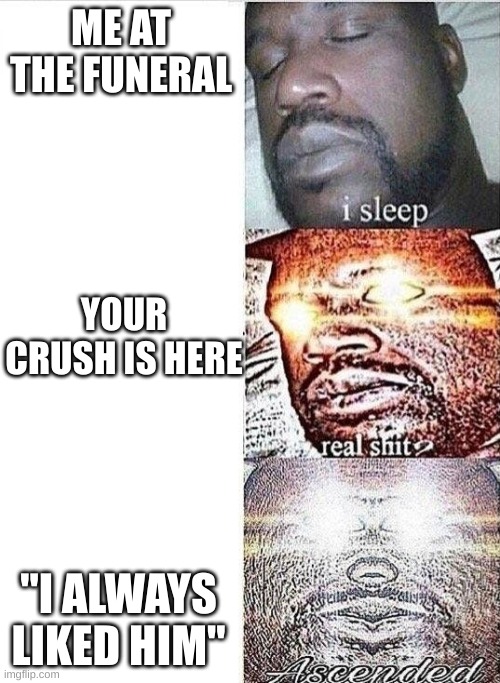 i sleep, REAL SHIT ,ASCENDED | ME AT THE FUNERAL "I ALWAYS LIKED HIM" YOUR CRUSH IS HERE | image tagged in i sleep real shit ascended | made w/ Imgflip meme maker