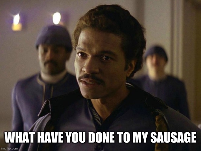 Lando | WHAT HAVE YOU DONE TO MY SAUSAGE | image tagged in lando | made w/ Imgflip meme maker