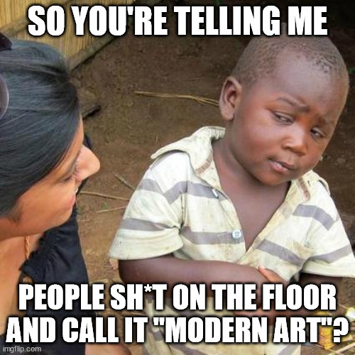 Third World Skeptical Kid | SO YOU'RE TELLING ME; PEOPLE SH*T ON THE FLOOR AND CALL IT "MODERN ART"? | image tagged in memes,third world skeptical kid | made w/ Imgflip meme maker