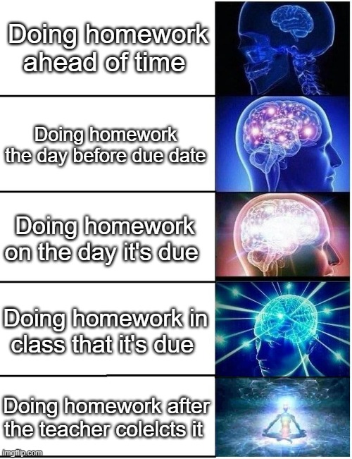 Infinite iq | Doing homework ahead of time; Doing homework the day before due date; Doing homework on the day it's due; Doing homework in class that it's due; Doing homework after the teacher colelcts it | image tagged in expanding brain 5 panel,expanding brain,big brain,school,homework,infinite iq | made w/ Imgflip meme maker