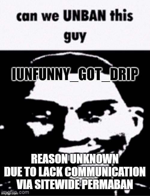 he just memechatted me that hes permabanned sitewide | IUNFUNNY_GOT_DRIP; REASON UNKNOWN DUE TO LACK COMMUNICATION VIA SITEWIDE PERMABAN | image tagged in can we unban this guy,memes',unban him yall,site mids | made w/ Imgflip meme maker