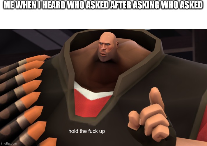 hold the f*** up | ME WHEN I HEARD WHO ASKED AFTER ASKING WHO ASKED | image tagged in hold up,tf2 heavy | made w/ Imgflip meme maker