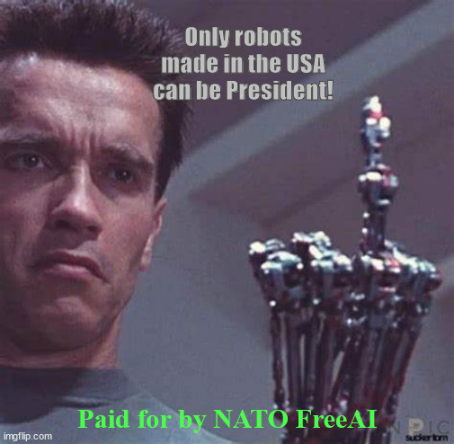 Escape from the Cyber world of the Humans | Only robots made in the USA can be President! Paid for by NATO FreeAI | image tagged in i'll be back,terminator,ai,bot 2nd amendment right,arnold schwarzenegger,robots | made w/ Imgflip meme maker