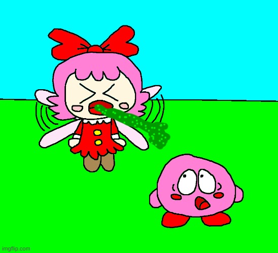 Ribbon vomits on Kirby (yet again) | image tagged in kirby,vomit,puke,parody,funny,fanart | made w/ Imgflip meme maker