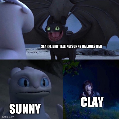 night fury | STARFLIGHT TELLING SUNNY HE LOVES HER; SUNNY; CLAY | image tagged in night fury,starflight,wof,sunny,clay | made w/ Imgflip meme maker