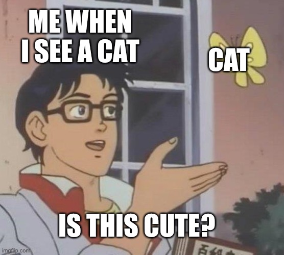 Is This A Pigeon | ME WHEN I SEE A CAT; CAT; IS THIS CUTE? | image tagged in memes,is this a pigeon | made w/ Imgflip meme maker