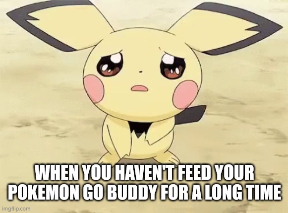 Sad pichu | WHEN YOU HAVEN'T FEED YOUR POKEMON GO BUDDY FOR A LONG TIME | image tagged in sad pichu,gaming,pokemon go,pokemon,relatable,fun | made w/ Imgflip meme maker