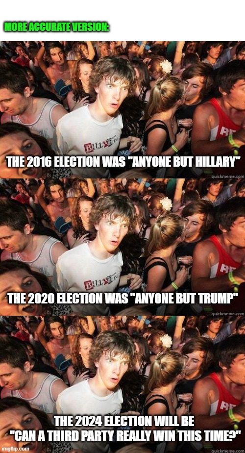 THE 2016 ELECTION WAS "ANYONE BUT HILLARY" THE 2020 ELECTION WAS "ANYONE BUT TRUMP" THE 2024 ELECTION WILL BE 
"CAN A THIRD PARTY REALLY WIN | image tagged in sudden realization | made w/ Imgflip meme maker
