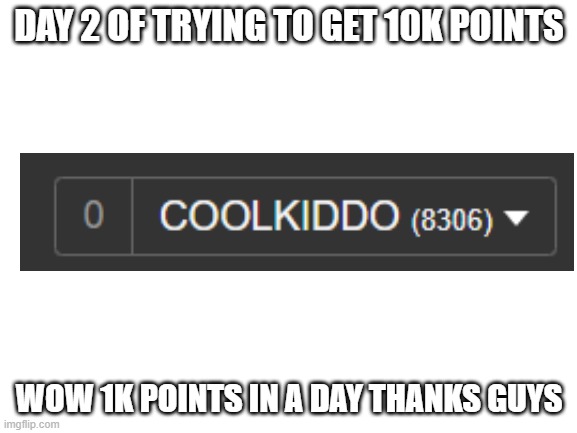 Day 2 | DAY 2 OF TRYING TO GET 10K POINTS; WOW 1K POINTS IN A DAY THANKS GUYS | image tagged in blank white template | made w/ Imgflip meme maker