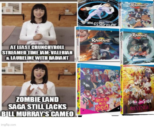 Screw Zombie Land Saga, we'd rather watch either Radiant or Time Jam: Valerian & Laureline on Crunchyroll instead | image tagged in marie kondo spark joy,zombies,time travel | made w/ Imgflip meme maker